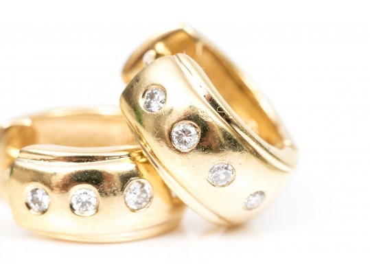 14k Yellow Gold Contemporary Huggie Style Hoop Earrings, Diamond Set, App. 0.16 TCW