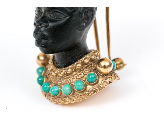 14k Yellow Gold Retro Cultured Pearl And Turquoise Blackamoor Brooch