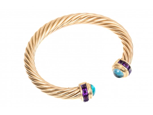 14k Yellow Gold Pretty Cable Cuff Bracelet, Set With Cabachon Blue Topaz And Square Amethyst Ends