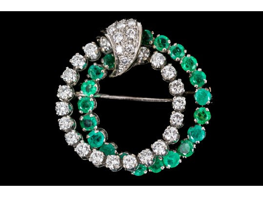14k White Gold Fabulous Emerald And Diamond Double Circle Brooch