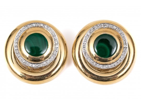 A Pair Of Vintage 18K Diamond And Malachite Ear Clips