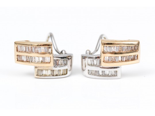 14k Impactful Two Tone Baguette Set Zig Zag Profile Earrings, App. 0.66 TCW