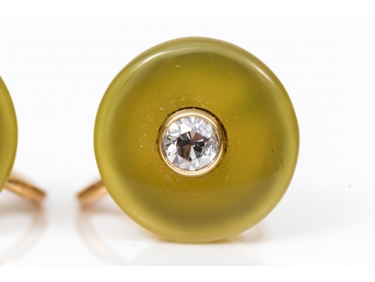 14k Yellow Gold Vintage Bakelite And Diamond Set Earrings, App. 0.28 TCW, Screw Style Backs