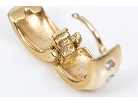 14k Yellow Gold Contemporary Huggie Style Hoop Earrings, Diamond Set, App. 0.16 TCW