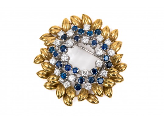 Spectacular 14k Gold Signed MIssiaglia Diamond And Sapphire Foliate Fur Clip