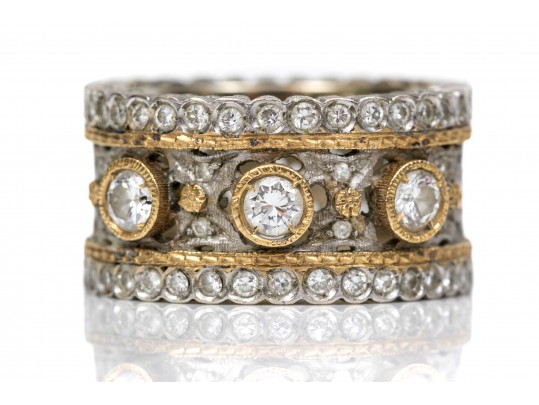 18K White Gold And Diamond Wide Elegant Band Ring, Size 5.25