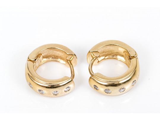 14k Yellow Gold Contemporary Huggie Style Hoop Earrings, Diamond Set, App. 0.16 TCW