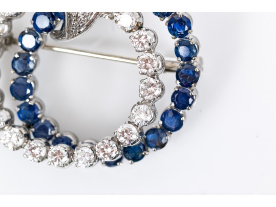 14k White Gold Wonderful Sapphire And Diamond Double Circle Brooch