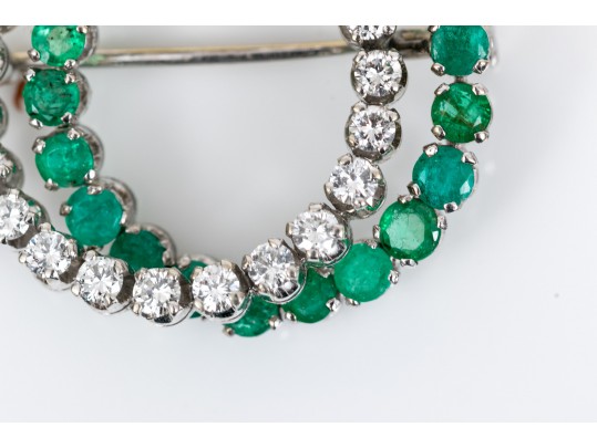 14k White Gold Fabulous Emerald And Diamond Double Circle Brooch