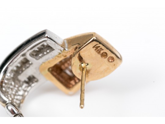 14k Impactful Two Tone Baguette Set Zig Zag Profile Earrings, App. 0.66 TCW