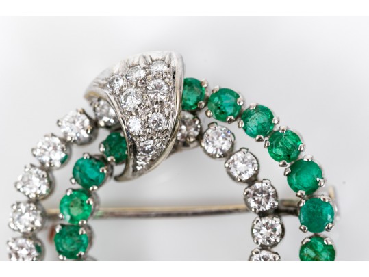 14k White Gold Fabulous Emerald And Diamond Double Circle Brooch