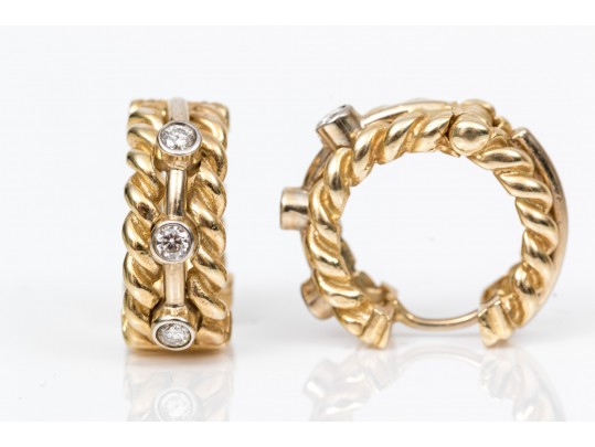 14k Yellow Gold Twisted Huggie Style Hoop Earrings, Diamond Set, Approximately 0.12 TCW