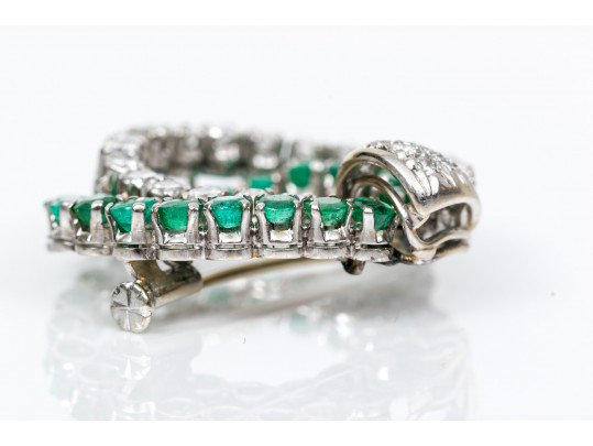 14k White Gold Fabulous Emerald And Diamond Double Circle Brooch