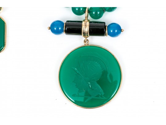 14k Yellow Gold Handsome Green And Blue Chalcedecony Earrings And Necklace Set