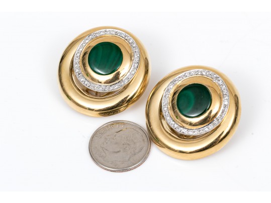 A Pair Of Vintage 18K Diamond And Malachite Ear Clips