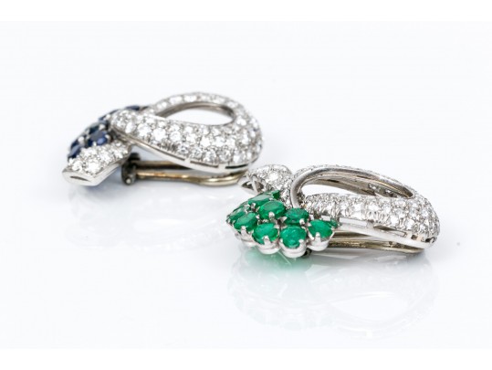 A Pair Of Opposing Platinum And White Gold & Gem-Set Ear Clips
