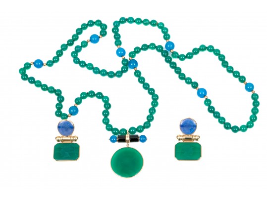 14k Yellow Gold Handsome Green And Blue Chalcedecony Earrings And Necklace Set