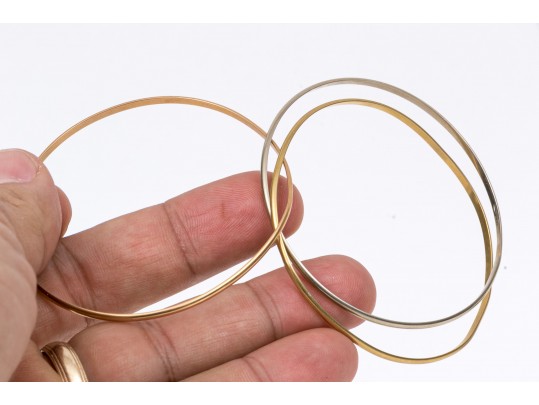 14k Yellow, White And Rose Gold Stack Of Five Slip On Bangles, Assorted Styles And Diameters