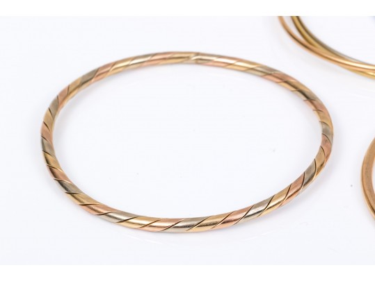 14k Yellow, White And Rose Gold Stack Of Five Slip On Bangles, Assorted Styles And Diameters