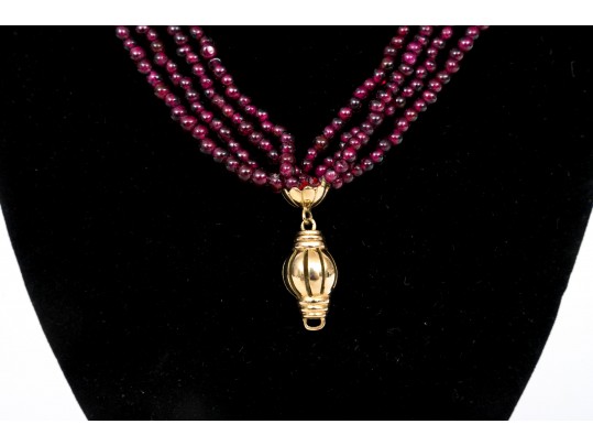 Pretty Eight Strand Garnet Bead Torsade Necklace, With A 14k Yellow Gold Ball Style Bead Clasp