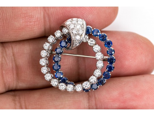 14k White Gold Wonderful Sapphire And Diamond Double Circle Brooch