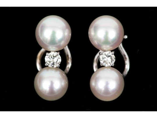 18k White Gold Tailored Cultured Pearl And Diamond Stack Earrings