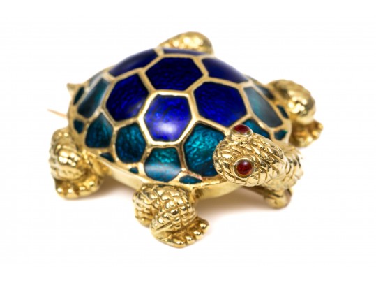 Hidalgo 18k Yellow Gold Charming Blue Enamel Turtle Brooch