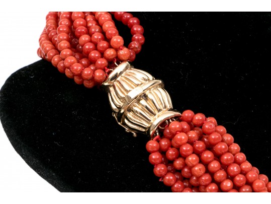 Fabulous Coral Torsade Choker Necklace, With A 14k Yellow Gold Clasp