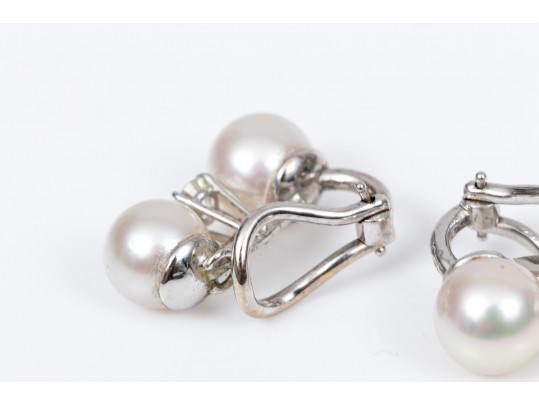 18k White Gold Tailored Cultured Pearl And Diamond Stack Earrings