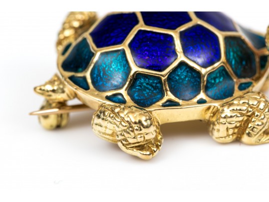 Hidalgo 18k Yellow Gold Charming Blue Enamel Turtle Brooch