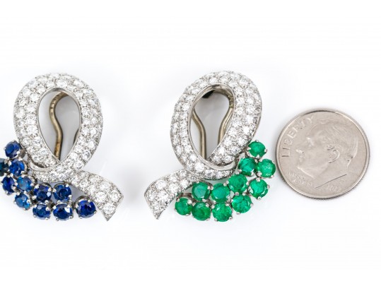 A Pair Of Opposing Platinum And White Gold & Gem-Set Ear Clips