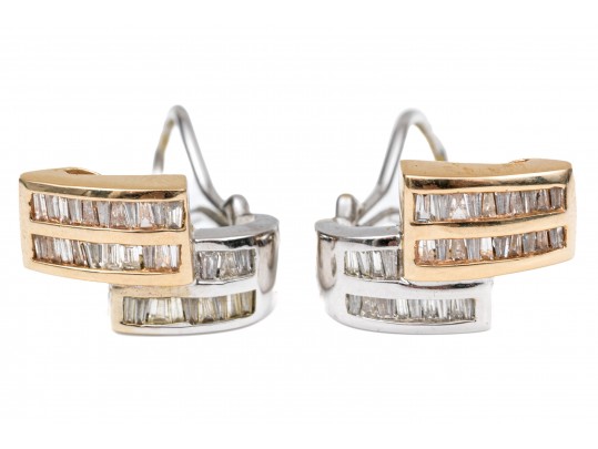 14k Impactful Two Tone Baguette Set Zig Zag Profile Earrings, App. 0.66 TCW