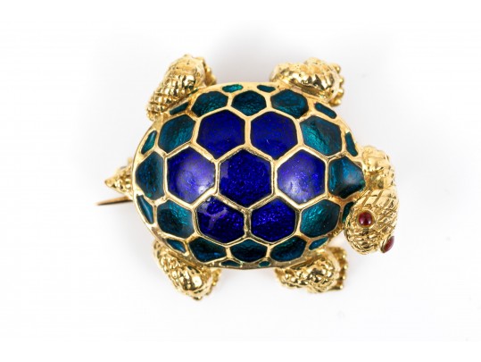 Hidalgo 18k Yellow Gold Charming Blue Enamel Turtle Brooch