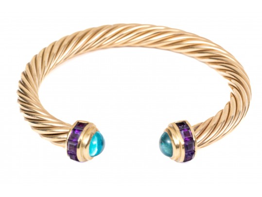 14k Yellow Gold Pretty Cable Cuff Bracelet, Set With Cabachon Blue Topaz And Square Amethyst Ends