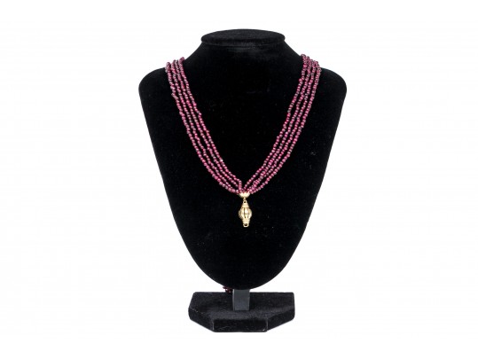 Pretty Eight Strand Garnet Bead Torsade Necklace, With A 14k Yellow Gold Ball Style Bead Clasp