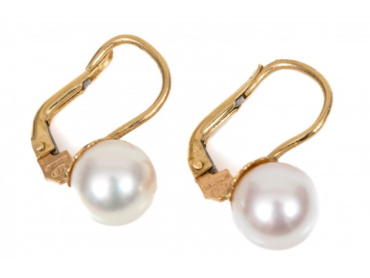 18k Yellow Gold Simple Cultured Pearl Drop Earrings, Featuring An 8.25mm Cultured Pearl