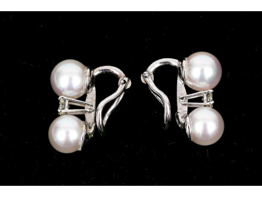 18k White Gold Tailored Cultured Pearl And Diamond Stack Earrings