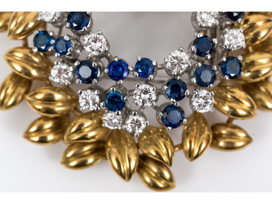 Spectacular 14k Gold Signed MIssiaglia Diamond And Sapphire Foliate Fur Clip