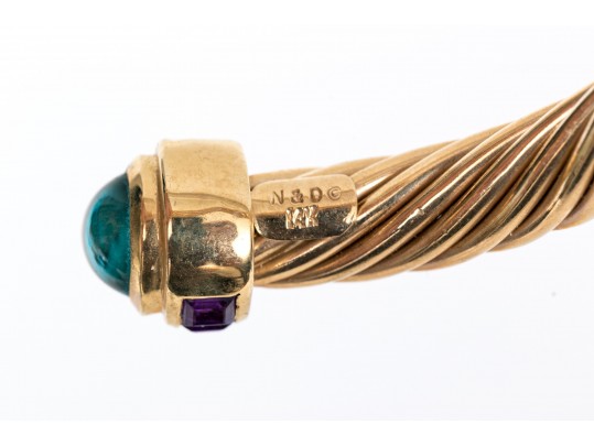 14k Yellow Gold Pretty Cable Cuff Bracelet, Set With Cabachon Blue Topaz And Square Amethyst Ends