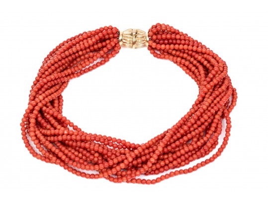 Fabulous Coral Torsade Choker Necklace, With A 14k Yellow Gold Clasp