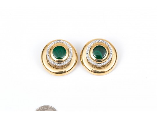 A Pair Of Vintage 18K Diamond And Malachite Ear Clips