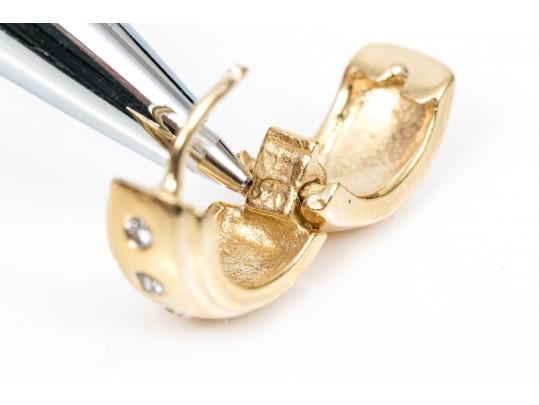 14k Yellow Gold Contemporary Huggie Style Hoop Earrings, Diamond Set, App. 0.16 TCW