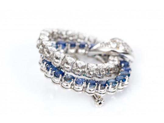 14k White Gold Wonderful Sapphire And Diamond Double Circle Brooch