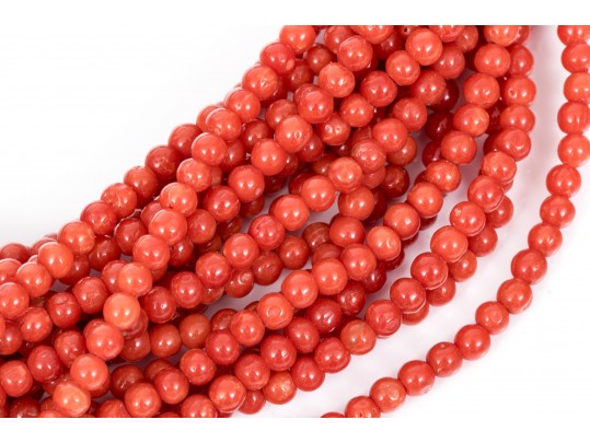 Fabulous Coral Torsade Choker Necklace, With A 14k Yellow Gold Clasp