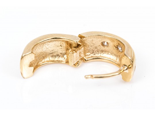 14k Yellow Gold Contemporary Huggie Style Hoop Earrings, Diamond Set, App. 0.16 TCW