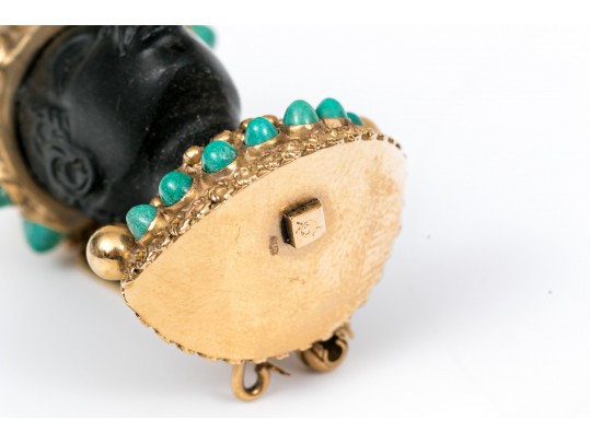 14k Yellow Gold Retro Cultured Pearl And Turquoise Blackamoor Brooch