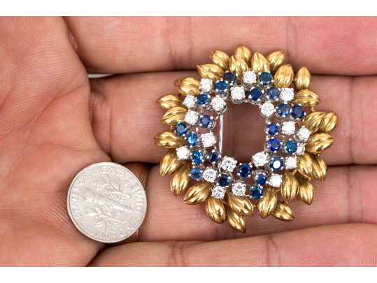 Spectacular 14k Gold Signed MIssiaglia Diamond And Sapphire Foliate Fur Clip