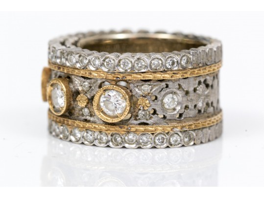 18K White Gold And Diamond Wide Elegant Band Ring, Size 5.25