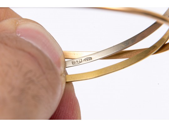 14k Yellow, White And Rose Gold Stack Of Five Slip On Bangles, Assorted Styles And Diameters