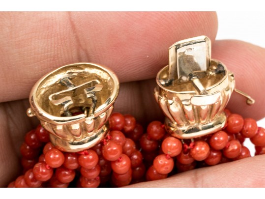 Fabulous Coral Torsade Choker Necklace, With A 14k Yellow Gold Clasp